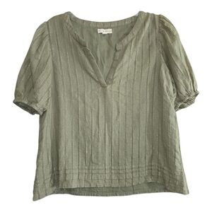 Roller Rabbit V-neck Puff Sleeve Muted Green Boxy Top Shirt Medium Sliver Thread